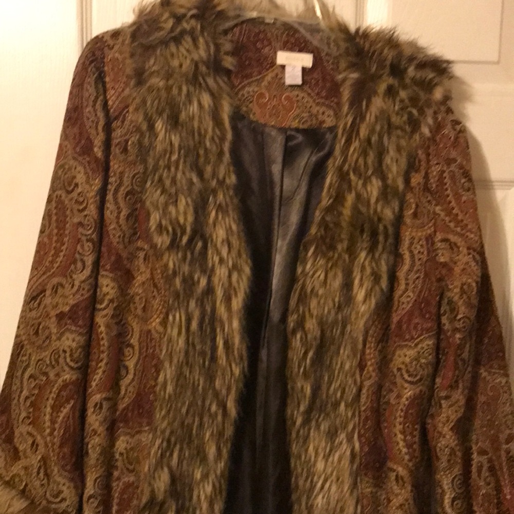 Bohemian tapestry coat with faux fur trim